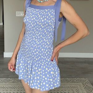 Blue Floral Dress with Bow Straps